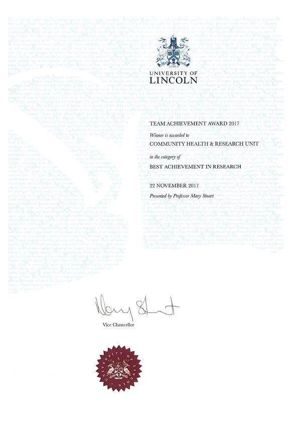 Research Team Award 2017 Certificate
